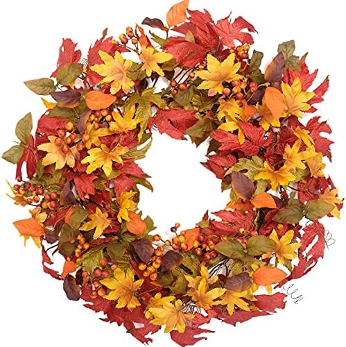 Idyllic 20 Inch Fall Wreath for Front Door - Maple Leaves Autumn Wreath for T...
