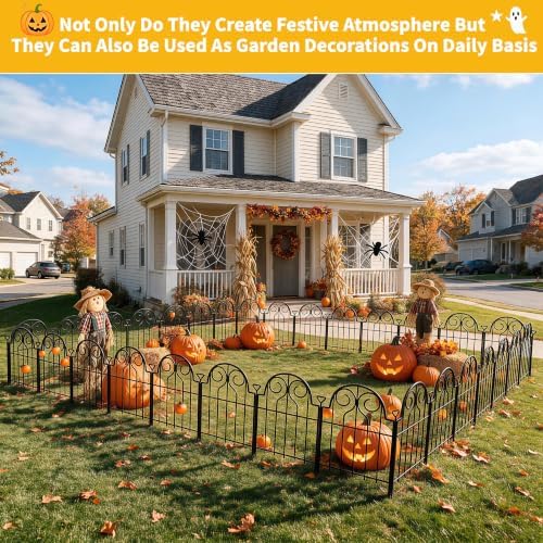 Decorative Garden Fence 17in x 10ft,10 Panels,Metal Halloween Fence Black
