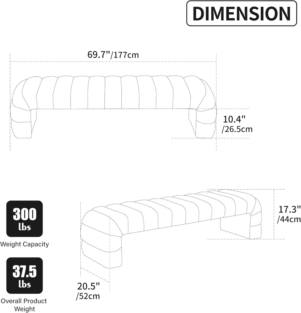 KEIKI 69.7" Modern Upholstered Armless Bed Bench, Channel Tufted Couch D...