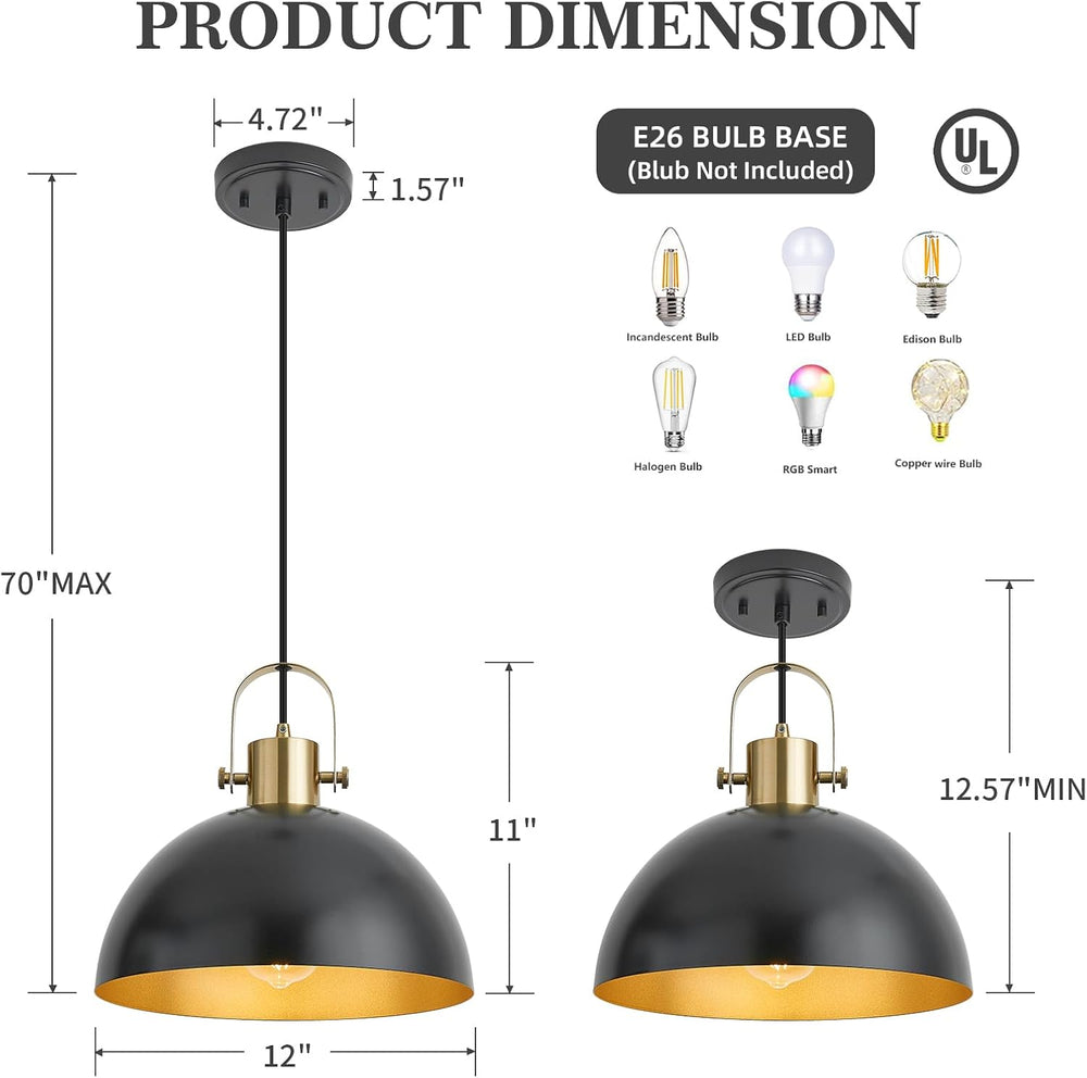 12 Inch Farmhouse Pendant Lights, Black, 3 Pack