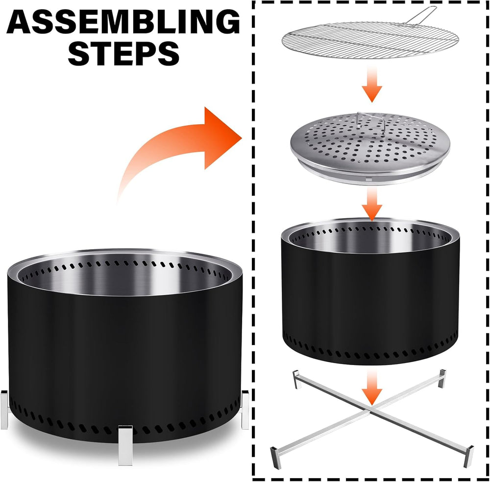 HGD 28" Smokeless Firepit with Stand & Grill Rack, Large Stainless S...