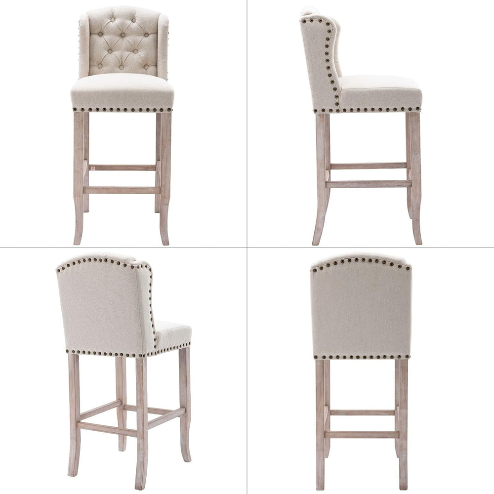 Classic 30" Linen Bar Stools Set of 2, Button Tufted Wingback Tall Bar C...