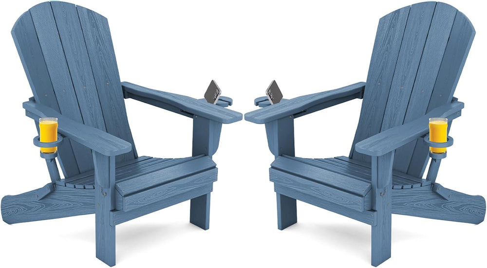 SERWALL Outdoor Adirondack Chair Set of 2 with 2 Cup Holders,Foldable,Blue