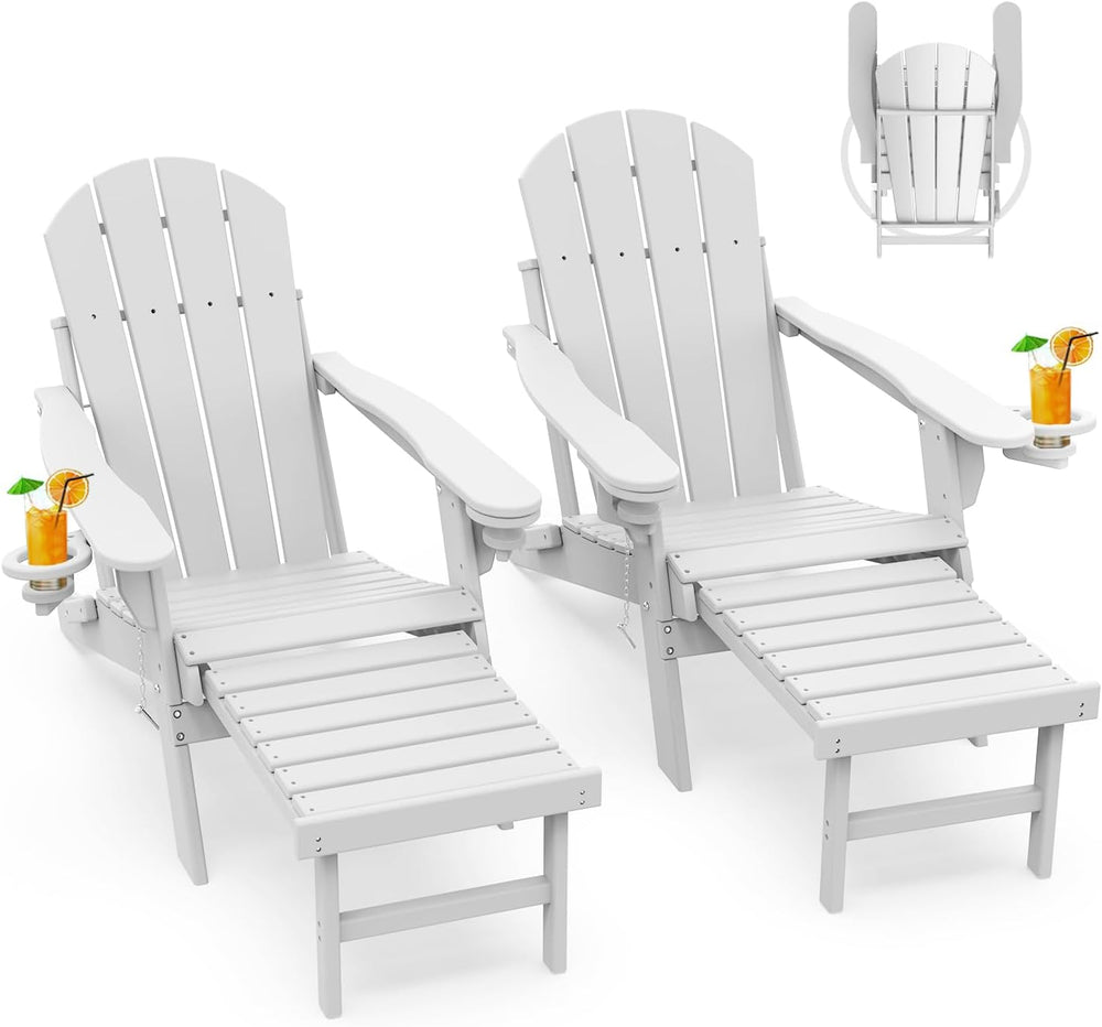 GREENVINES Folding Adirondack-Chairs-with-Ottoman Set of 2, HDPE, White