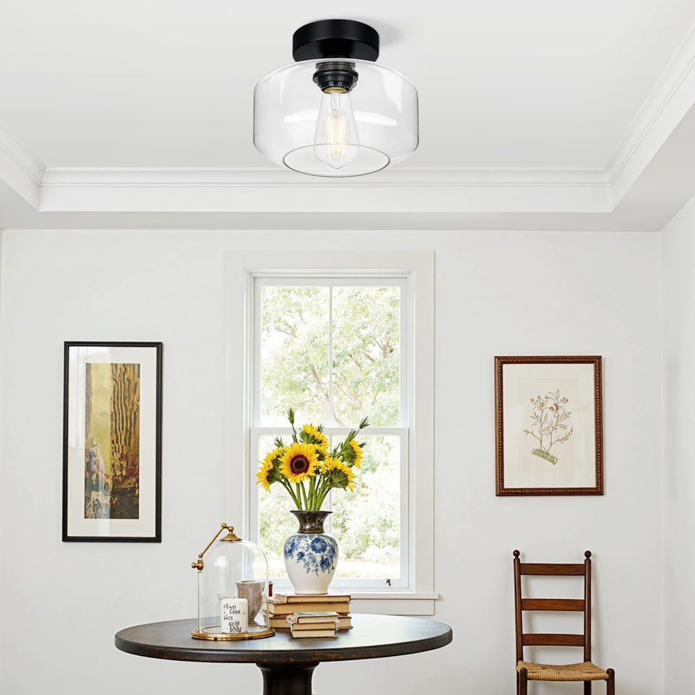 Lynnoland Industrial Farmhouse Semi Flush Mount Ceiling Light, Black, Clear G...