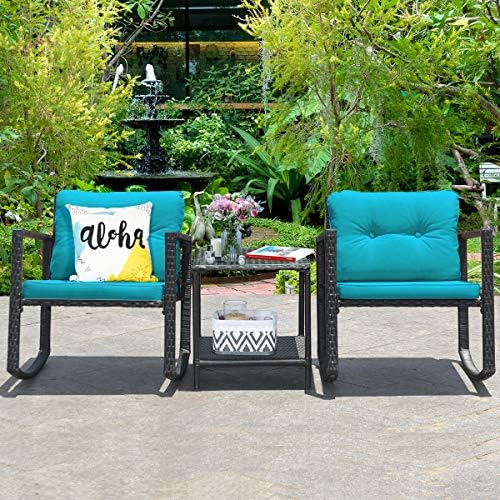 Tangkula 3 Pieces Patio Wicker Rocking Bistro Set, Outdoor Rocking Chair Furn...
