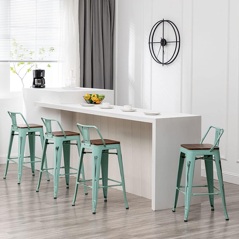 Andeworld Bar Stools Set of 4, 26" Distressed Barstools, Green Blue