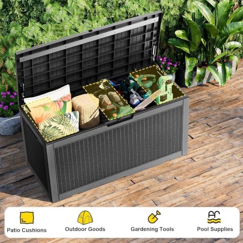 PatioZen 150 Gallon Resin Deck Box, Lockable Patio Outdoor Storage Box for Fu...
