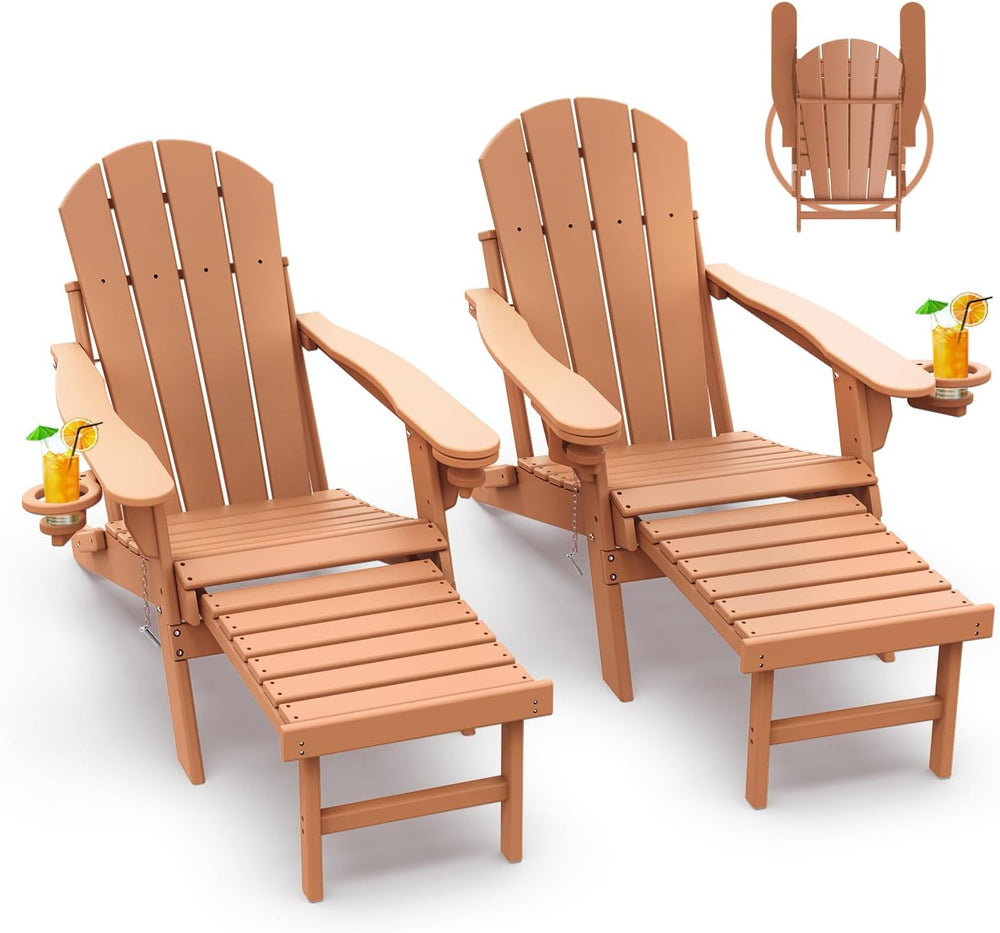 GREENVINES Adirondack-Chairs-with-Ottoman Set of 2, Folding,HDPE, Teak