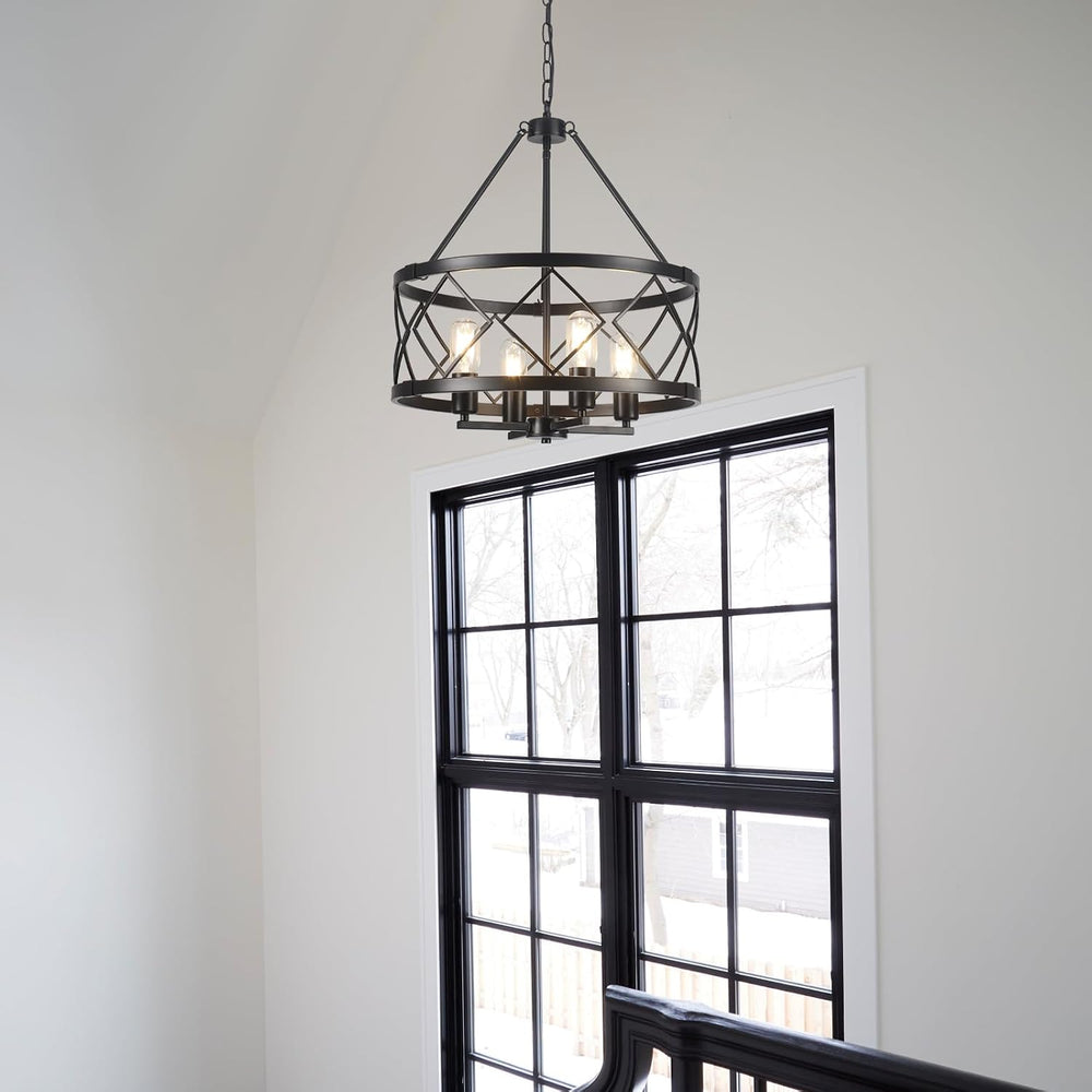 17.7" Black Farmhouse Chandelier, 4-Light Modern Drum Pendant Light Fixt...
