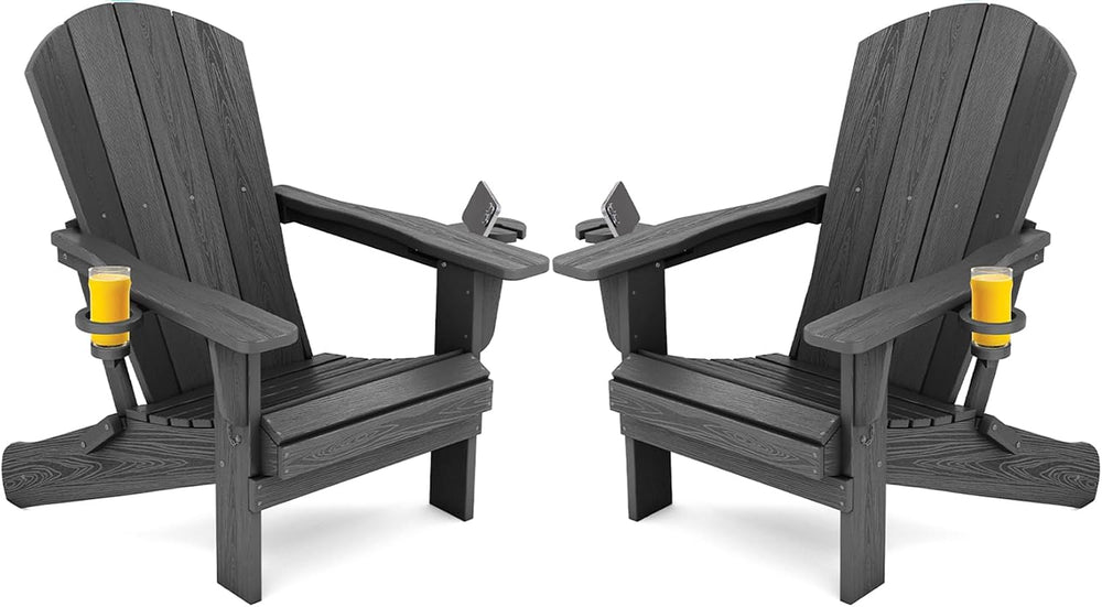 SERWALL Outdoor Adirondack Chair Set of 2 with 2 Cup Holders,Foldable,Grey