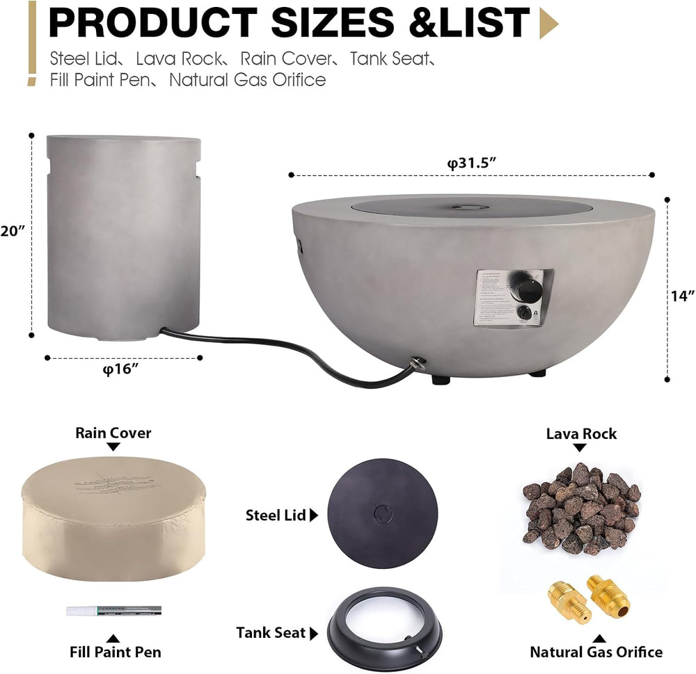 2-Piece Outdoor Propane Fire Pit Table Set w/Tank Cover Table, 31.5-inch 50,0...