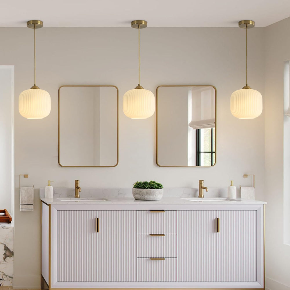KCO Lighting 2 Pack Brushed Brass 7.9” White Ribbed Glass Pendant Lights
