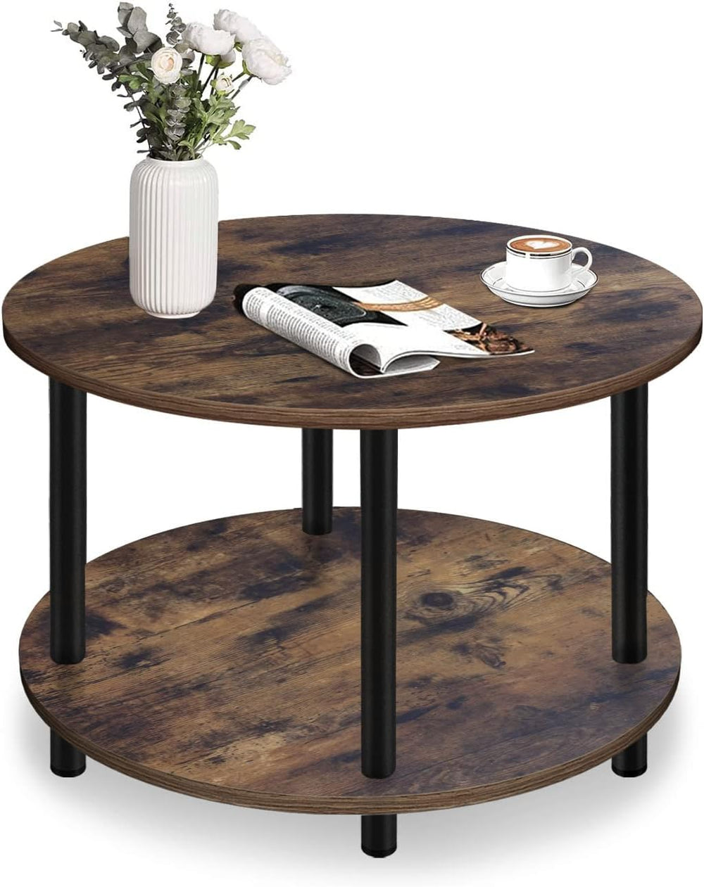 Small Round Coffee Table for Small Space, 23.5" 2-Tier Rustic Brown Wood...