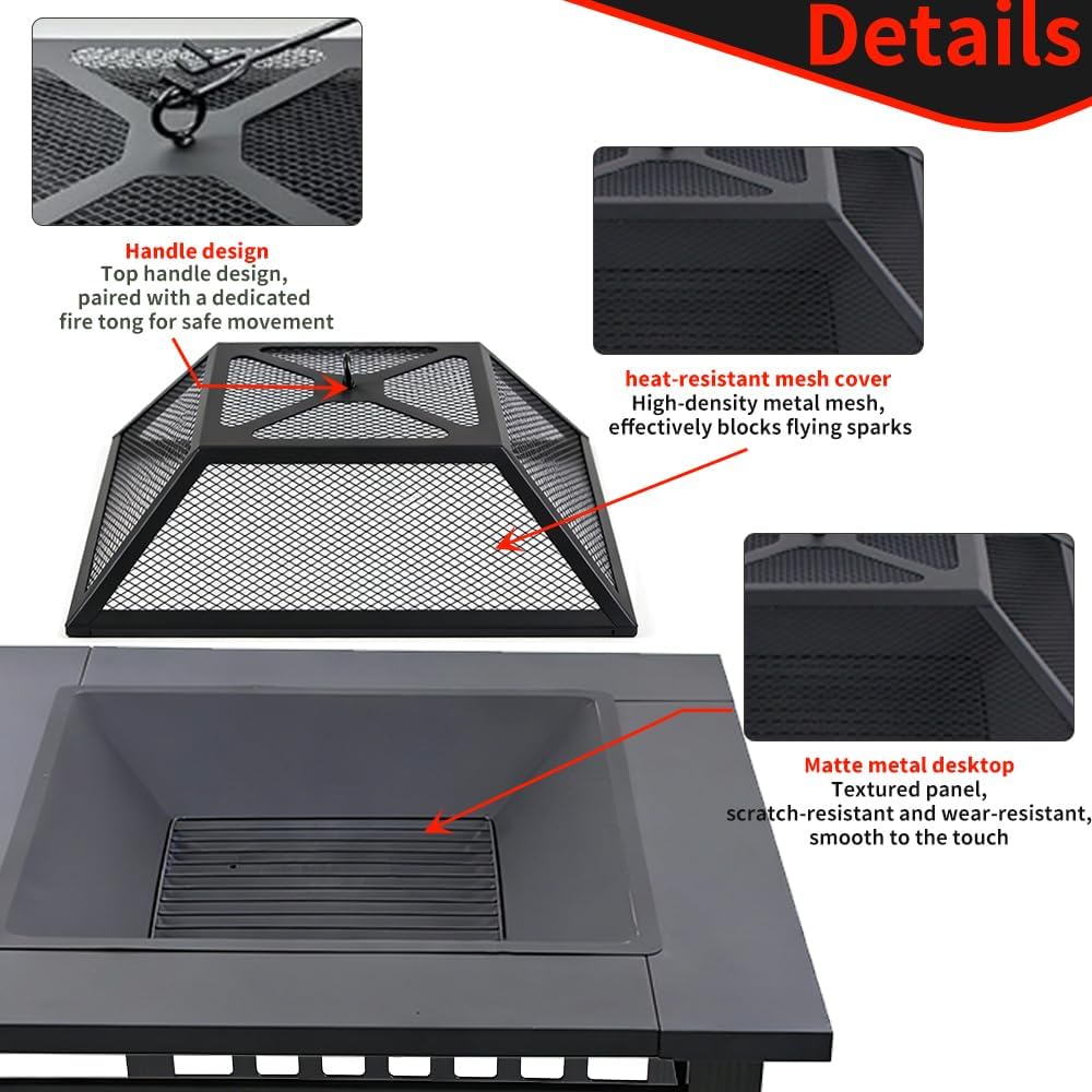 3-in-1 Multifunctional Square Fire Pit Table, 32-Inch Outdoor Metal Fire Pit ...