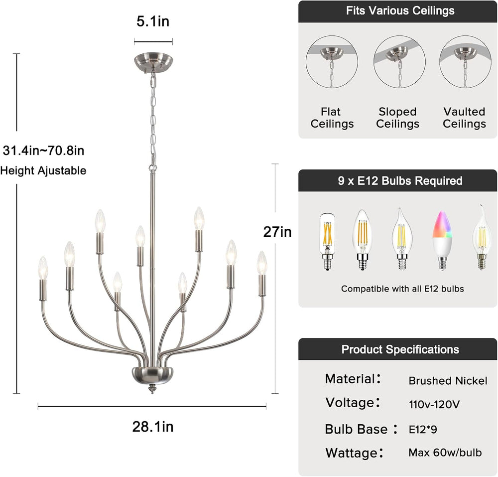 Brushed Nickel Chandelier, 9-Light Farmhouse Chandelier for Dining Room Light...