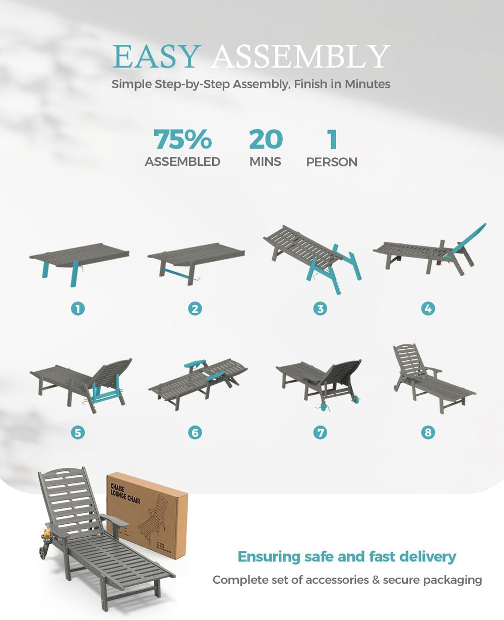 Ciokea Outdoor Chaise Lounge Chair, 5-Position Adjustable, Grey