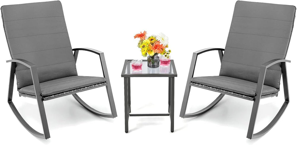 Tangkula 3 Pieces Patio Rocking Bistro Set, PE Rattan Rocking Chairs with Tem...