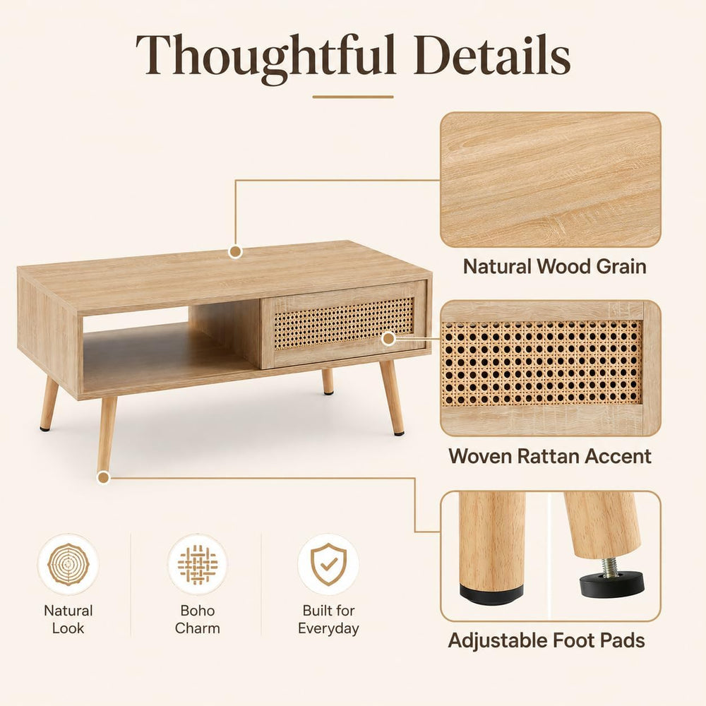 Rattan Coffee Table with Sliding Storage Door, 41.34'' Rectangular Wo...