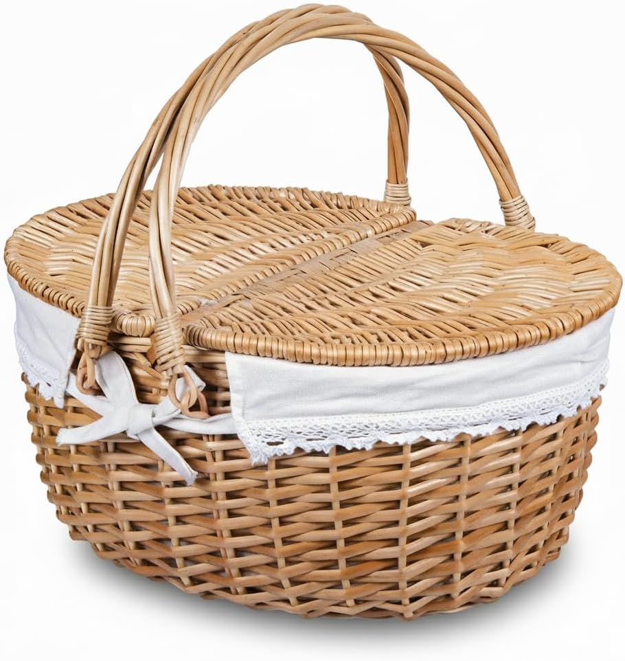 Wicker Picnic Basket with Lid and Handle 15" Sturdy Woven Body with Wash...