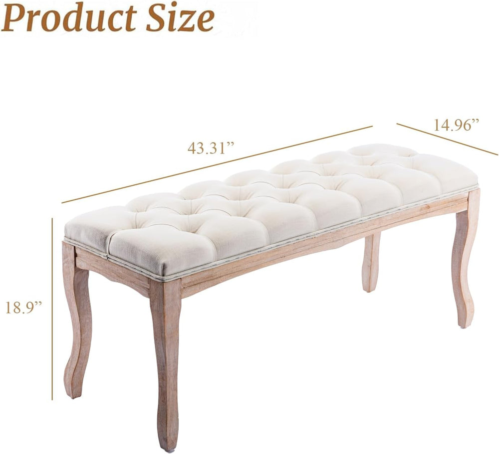 French Upholstered Tufted Entryway Bench, Mid-Century Vintage Linen Fabric Ot...