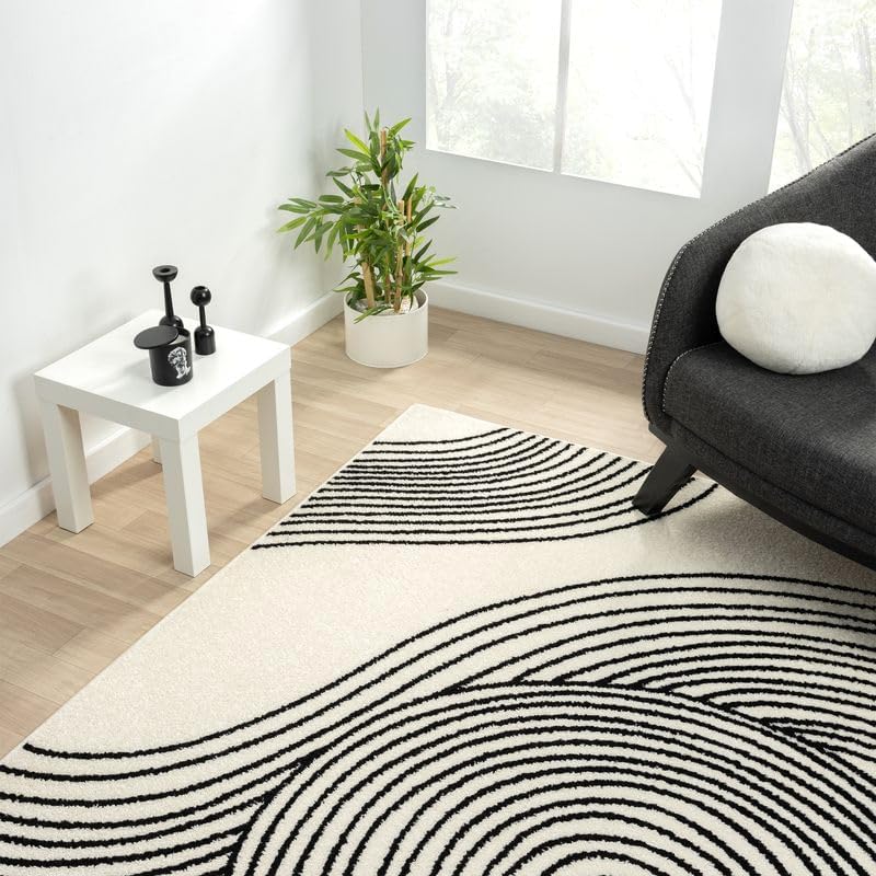 Abani Cream and Black Swirl Area Rug | 4" x 6" Beige Carpet with Wa...