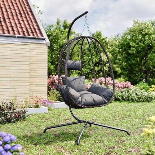 LEX CRAFT Egg Chair with Stand, Patio Wicker Hanging Chair, Hammock Swing Cha...