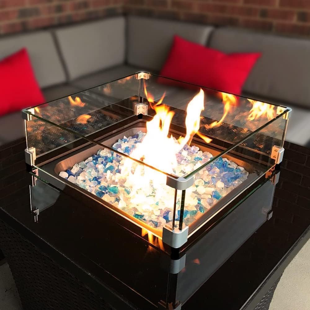 Holy Fire 23.5" L x 23.5" x 6" Square Fire Pit Glass Wind Guar...