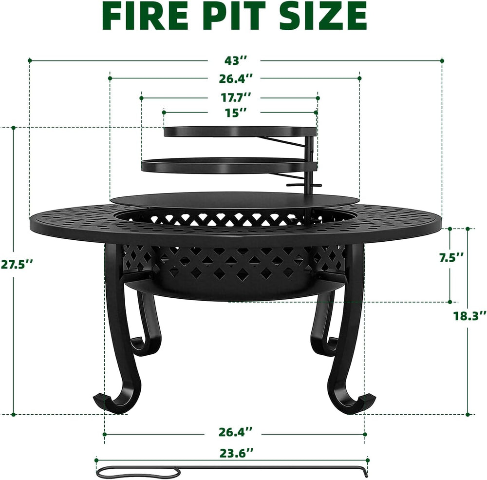43 Inch Fire Pit with 2 Grill, Wood Burning Firepit with Lid