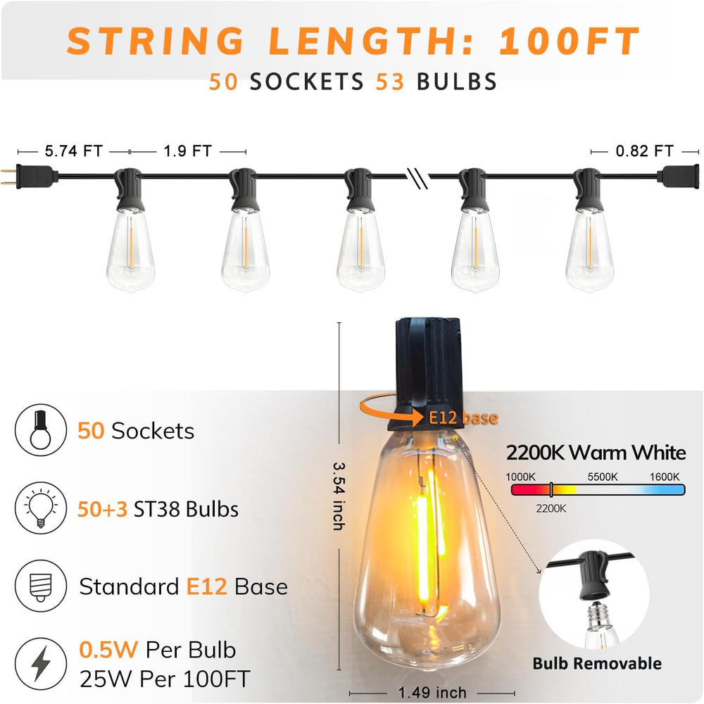 Achin 100FT Outdoor String Lights LED Dimmable Patio Lights String Waterproof...