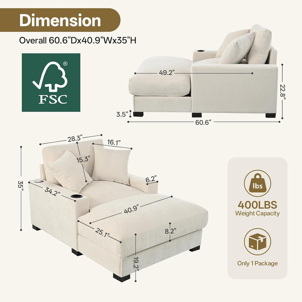 60" Oversized Chaise Lounge Chair Indoor with Adjustable Backrest & ...