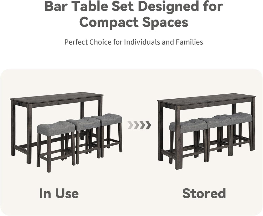 59" Counter Height Bar Table Set with Power Outlet, Industrial Breakfast...