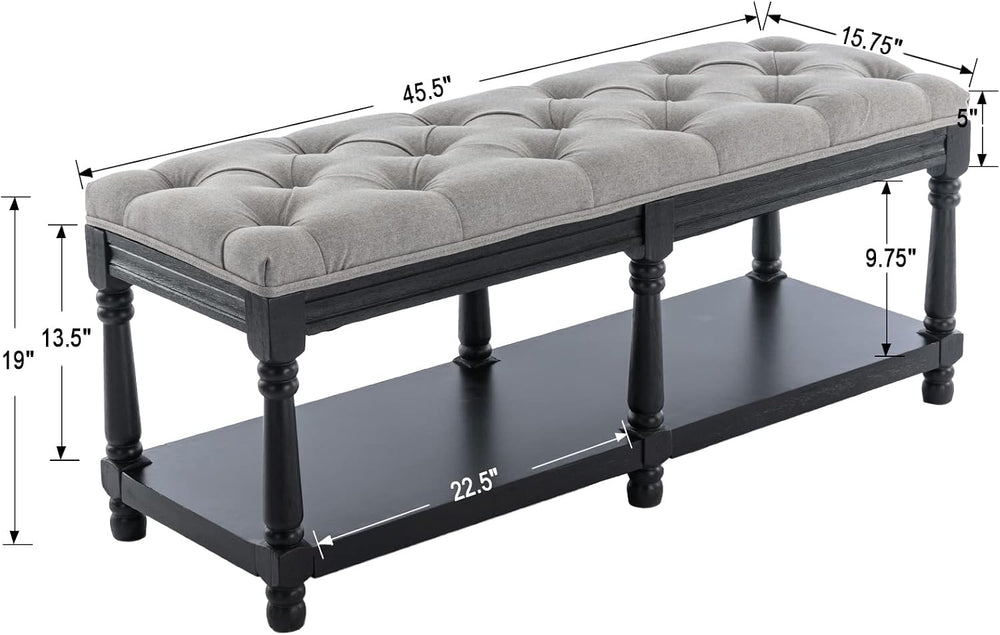 DUOMAY Mid-Century Tufted Storage Bench with Shelf, Linen Upholstered Farmhou...