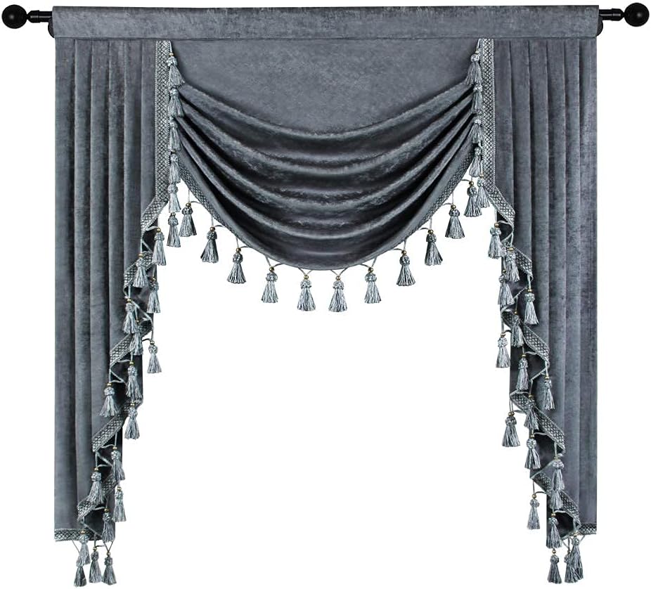 ELKCA Grey Chenille Curtains Valance for Living Room Window Waterfall Valance...