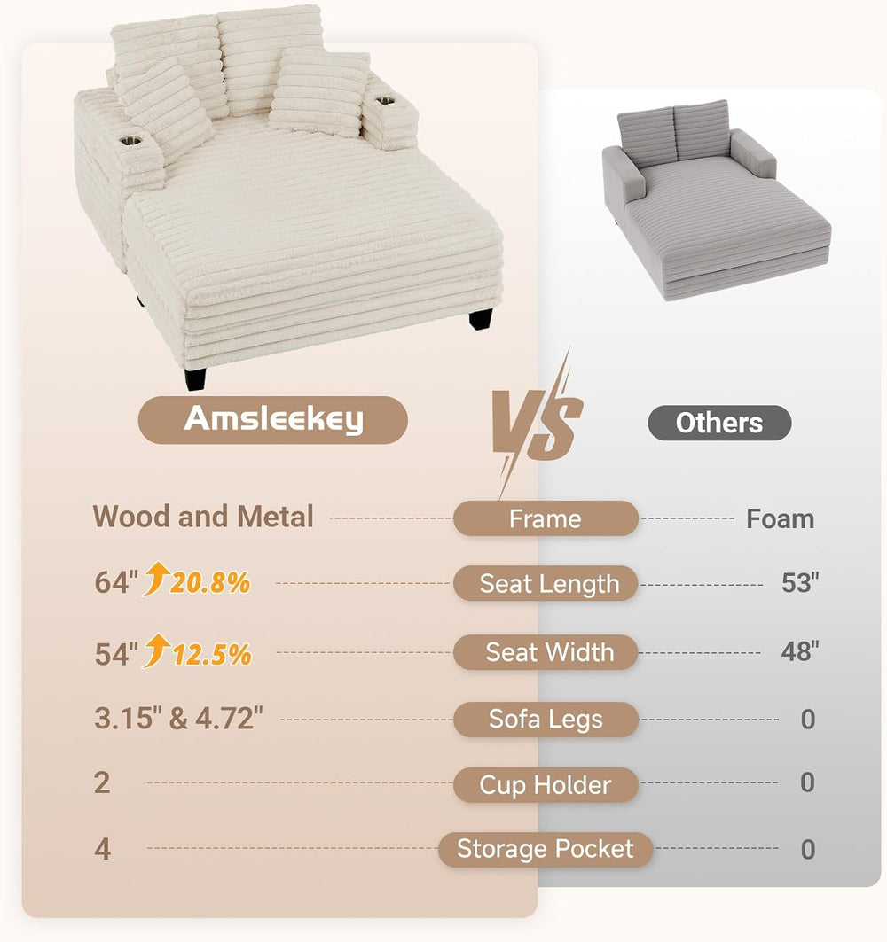 Amsleekey 64" Oversized Chaise Lounge Chair with Wood Frame, 2 Cup Holders