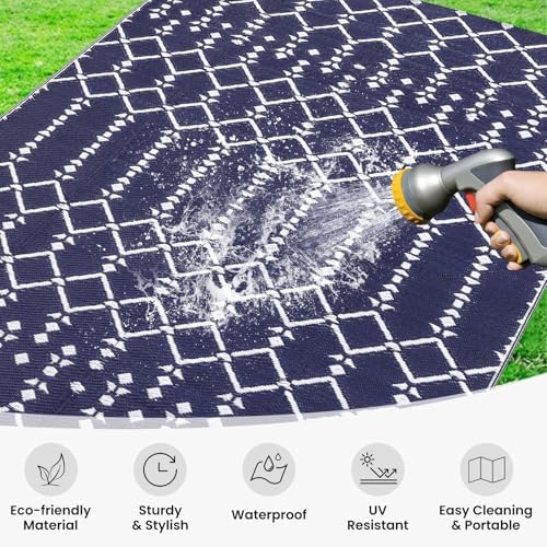 Smiry Outdoor Rug 5x8 ft Waterproof Reversible Boho Mat, Navy