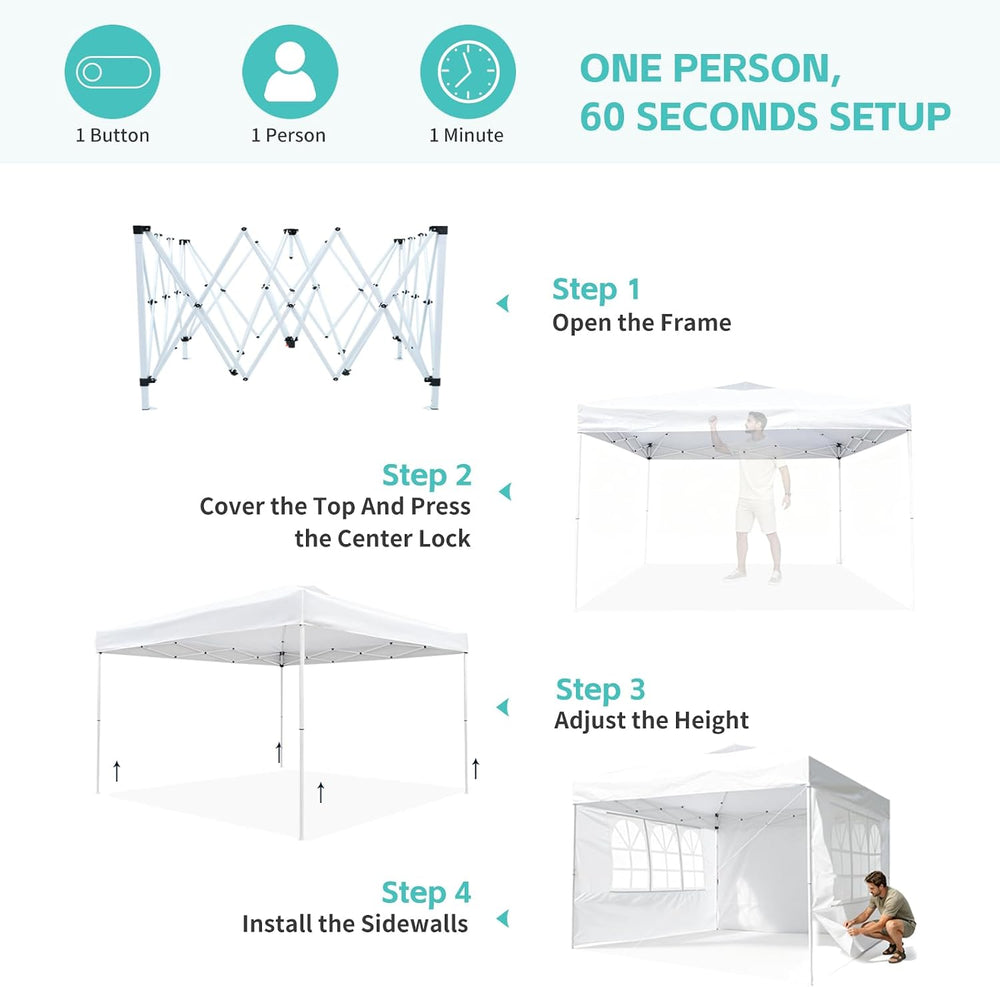10x10 One Push Pop Up Canopy Tent with Vented Roof, White