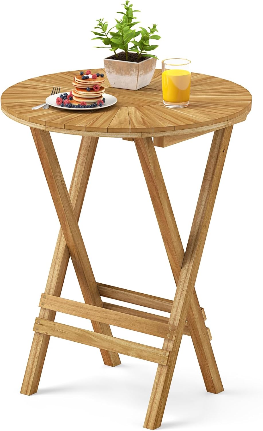 Tangkula Patio Folding Side Table, 23.5" Teak Wood Round End Table with ...