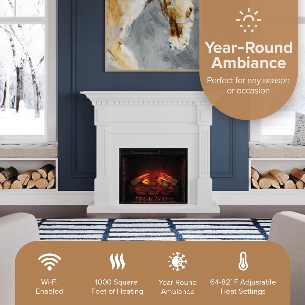 Modern Ember Augustine White Mantel Package 55" W x 48" H with 28 I...