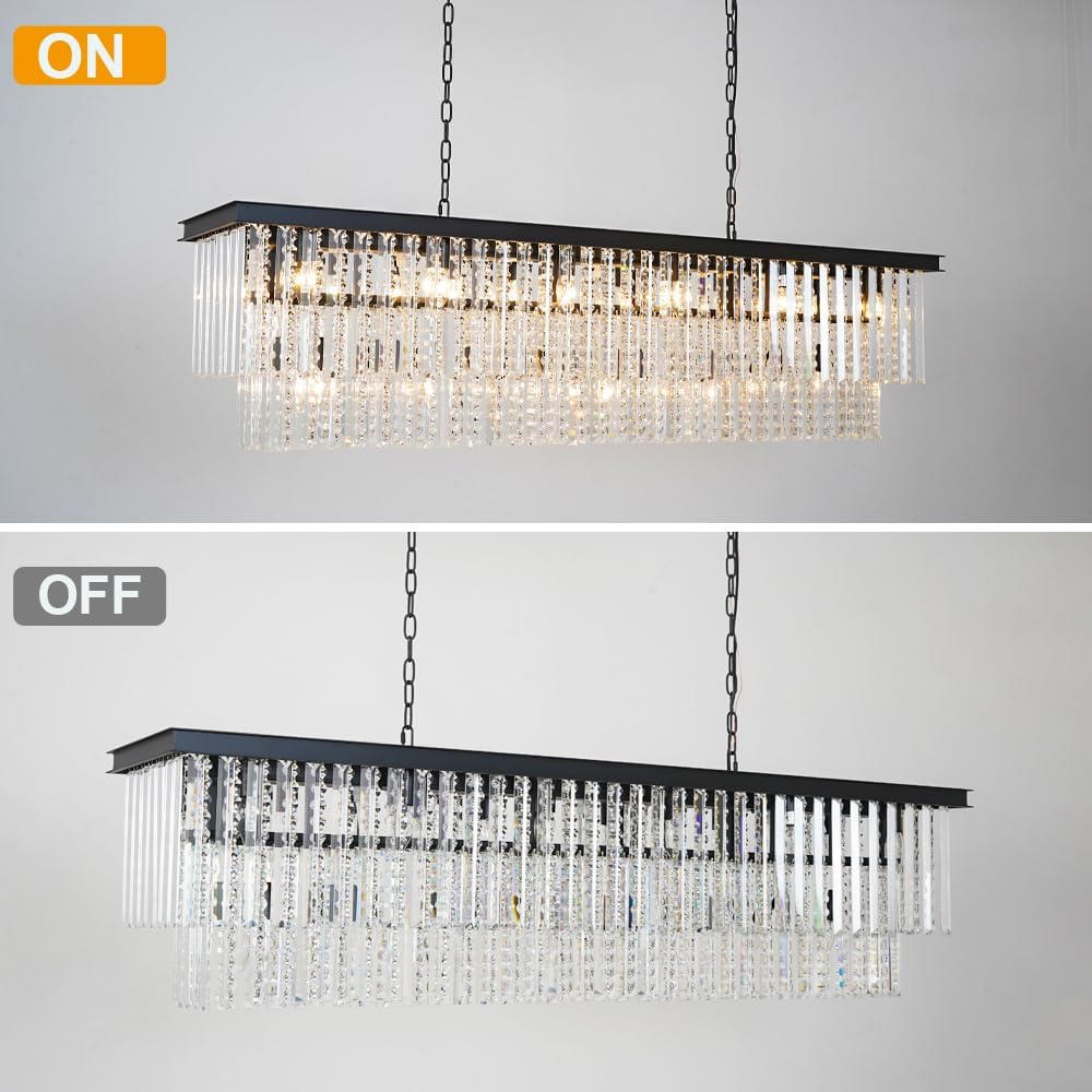 Modern Black Rectangular Chandelier, Double Layer Crystal Lighing Fixture