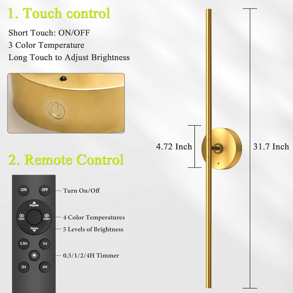 Battery Operated Wall Sconce Set of Two: Gold Wireless Rechargeable Wall Ligh...