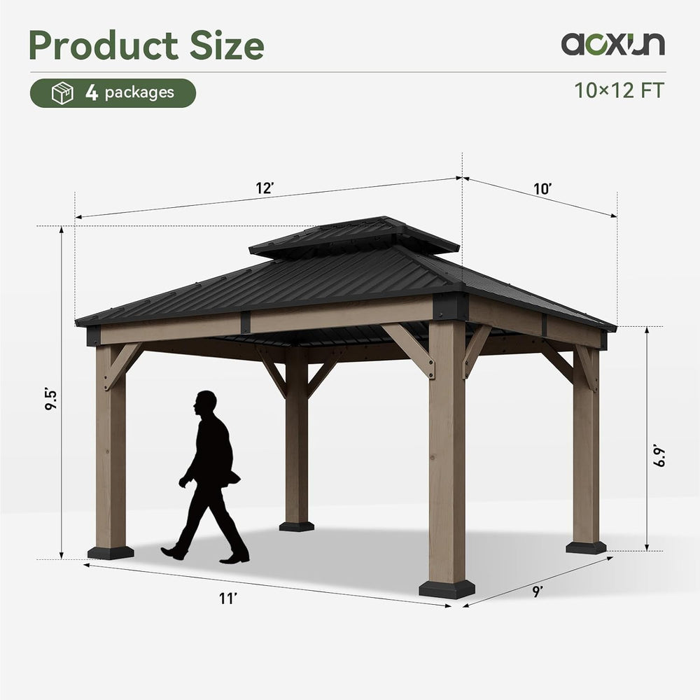 Aoxun 10' x 12' Outdoor Wood Gazebo, Hardtop Gazebo