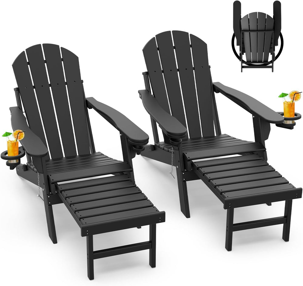 GREENVINES Folding Adirondack-Chairs-with-Ottoman Set of 2, HDPE, Black