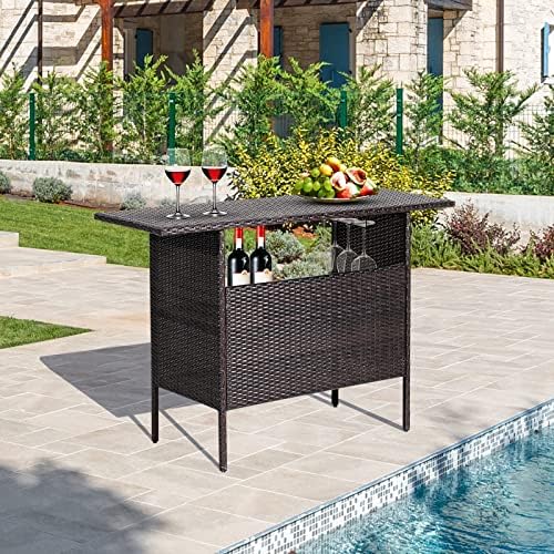 Tangkula Outdoor Wicker Bar Table, Patiojoy All Weather Patio Bar Height Tabl...
