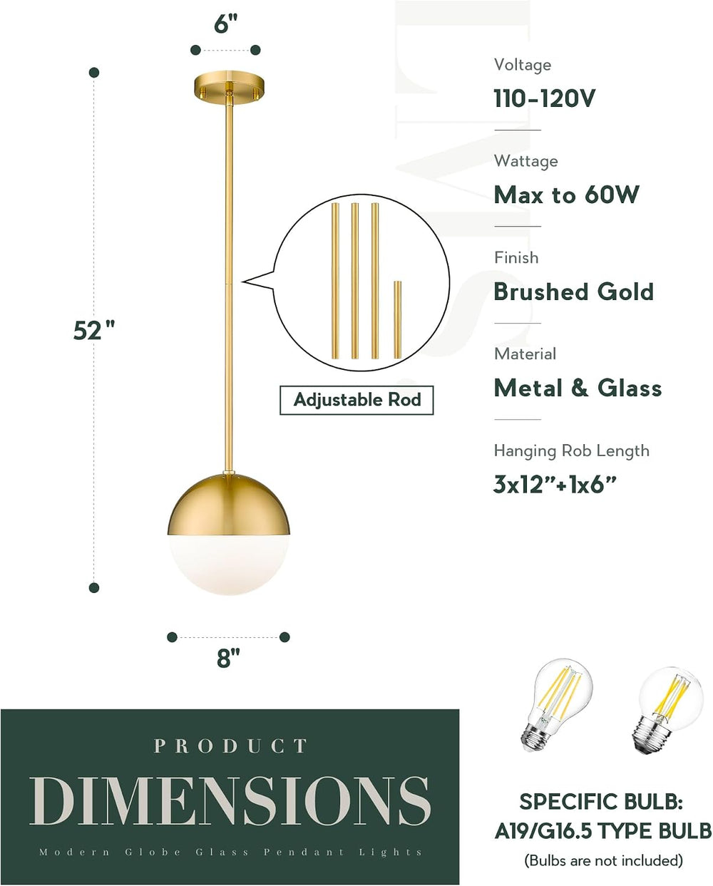 LMS 2-Pack Brushed Gold Pendant Lights, Modern Pendant Light with Milky Globe...