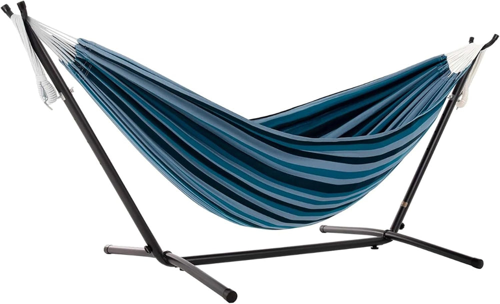 Vivere Double Cotton Hammock, Space Saving Steel Stand, Blue Lagoon, 9 Ft