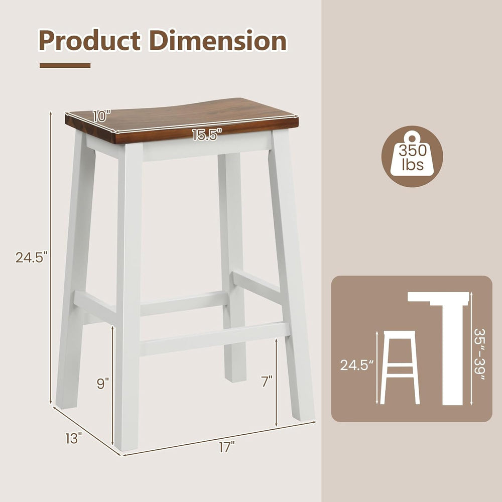 COSTWAY 24.5 Inch Bar Stools Set of 2, Solid Wood Saddle Stools w/Footrests, ...