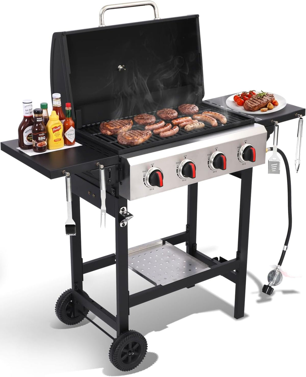 4-Burner Propane Gas Grill with Folding Side Tables