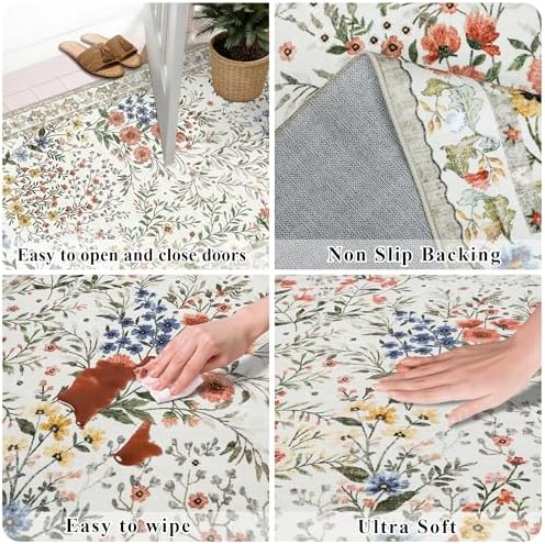 5x5 Living Room Area Rug Washable: Floral Non-Slip Mats for Indoor Floor Entr...