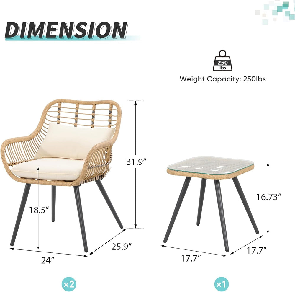 Verano Garden 3 Pieces Patio Bistro Set, Wicker Conversation Chair Sets